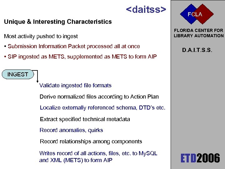 <daitss> FCLA Unique & Interesting Characteristics Most activity pushed to ingest • Submission Information