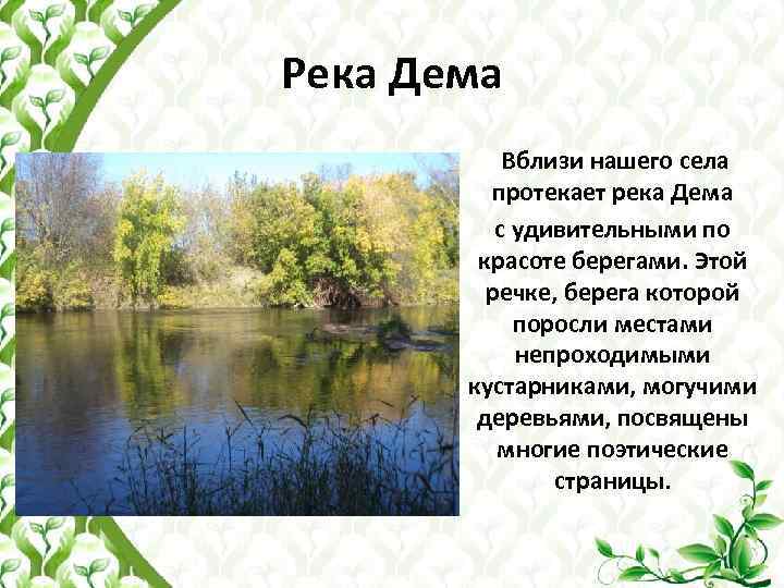Река Дема Вблизи нашего села протекает река Дема с удивительными по красоте берегами. Этой