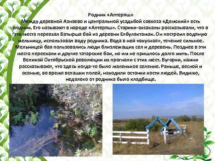 Родник «Аптеряш» Между деревней Азнаево и центральной усадьбой совхоза «Демский» есть родник. Его называют