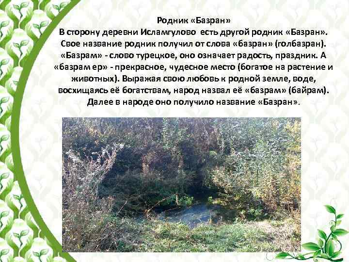 Родник «Базран» В сторону деревни Исламгулово есть другой родник «Базран» . Свое название родник