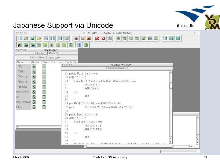 Japanese Support via Unicode March 2009 Tools for VDM in Industry 36 