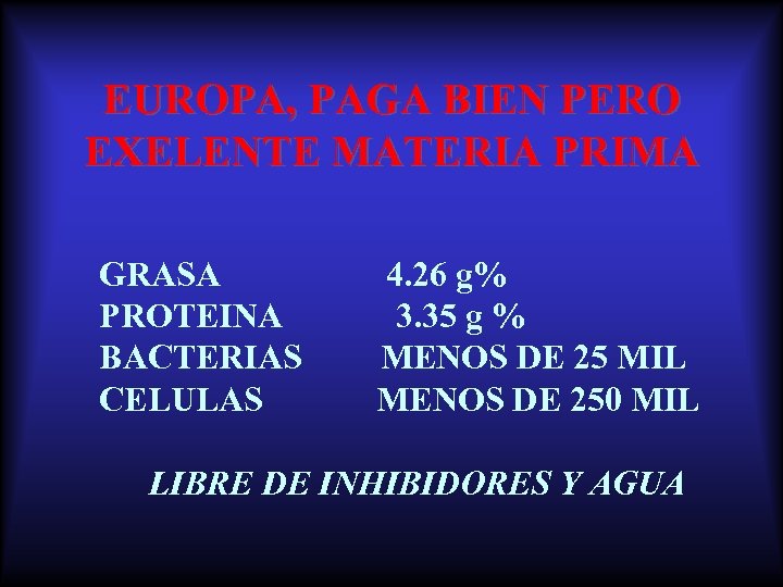 EUROPA, PAGA BIEN PERO EXELENTE MATERIA PRIMA GRASA PROTEINA BACTERIAS CELULAS 4. 26 g%