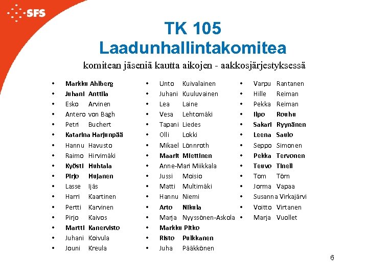 TK 105 Laadunhallintakomitean jäseniä kautta aikojen - aakkosjärjestyksessä • • • • • Markku