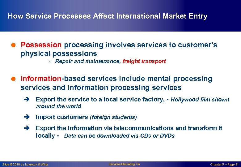 How Service Processes Affect International Market Entry = Possession processing involves services to customer’s