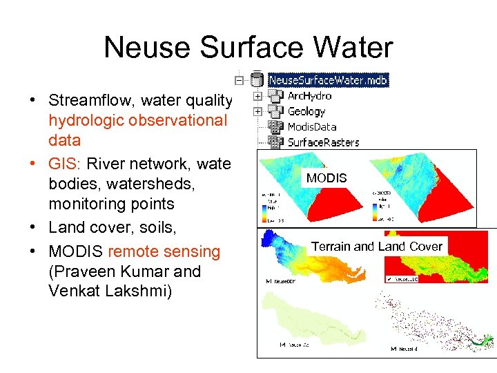 Neuse Surface Water • Streamflow, water quality hydrologic observational data • GIS: River network,