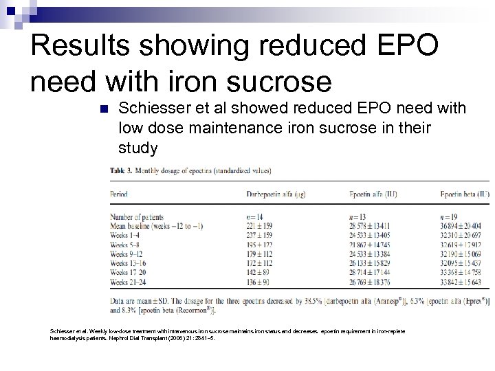 Results showing reduced EPO need with iron sucrose n Schiesser et al showed reduced