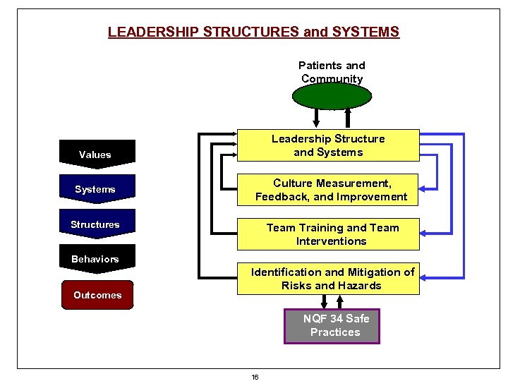 LEADERSHIP STRUCTURES and SYSTEMS Patients and Community Leadership Structure and Systems Values Systems Culture