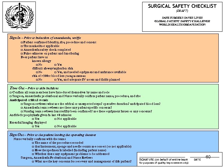 SURGICAL SAFETY CHECKLIST (DRAFT) SAFE SURGERY SAVES LIVES GLOBAL PATIENT SAFETY CHALLENGE WORLD HEALTH