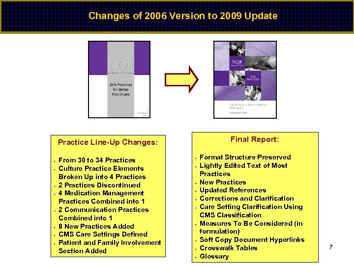 Changes of 2006 Version to 2009 Update Final Report: Practice Line-Up Changes: • •