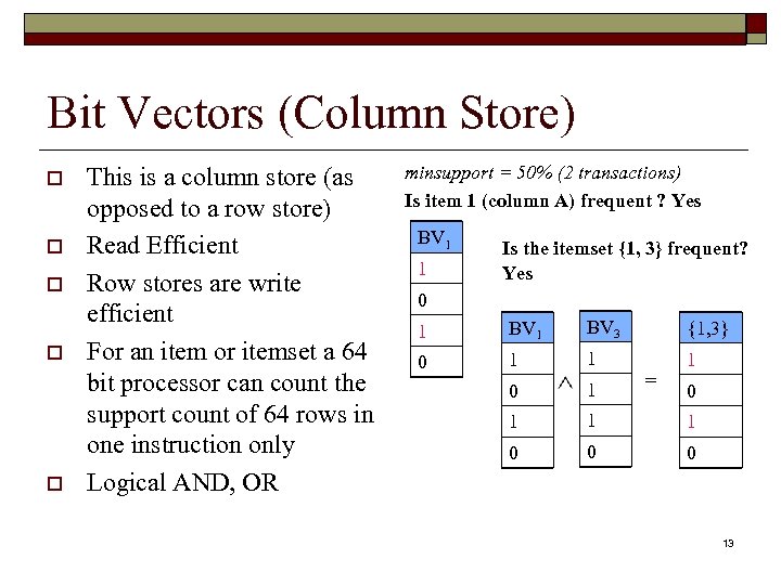 Bit Vectors (Column Store) o o o This is a column store (as opposed