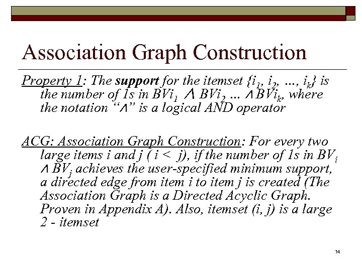 Association Graph Construction Property 1: The support for the itemset {i 1, i 2,
