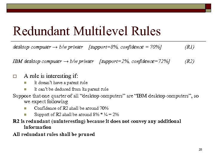 Redundant Multilevel Rules desktop computer → b/w printer [support=8%, confidence = 70%] (R 1)
