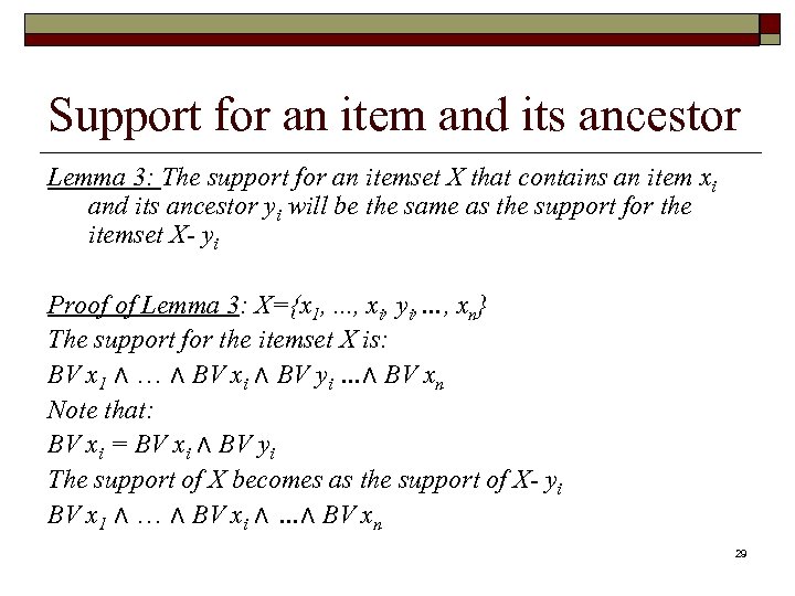Support for an item and its ancestor Lemma 3: The support for an itemset