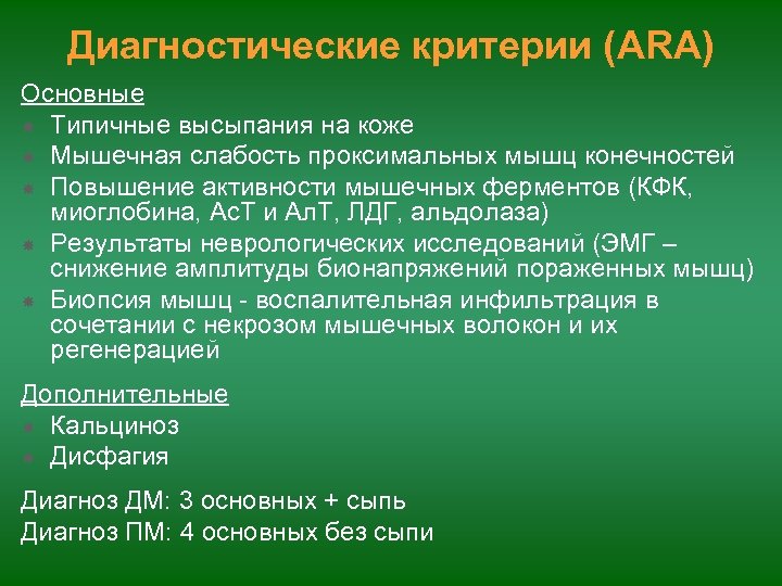 Диагностические критерии (ARA) Основные Типичные высыпания на коже Мышечная слабость проксимальных мышц конечностей Повышение