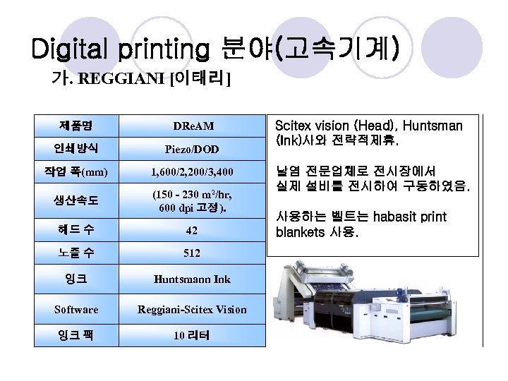 Digital printing 분야(고속기계) 가. REGGIANI [이태리] 제품명 DRe. AM 인쇄방식 Piezo/DOD 작업 폭(mm) 1,