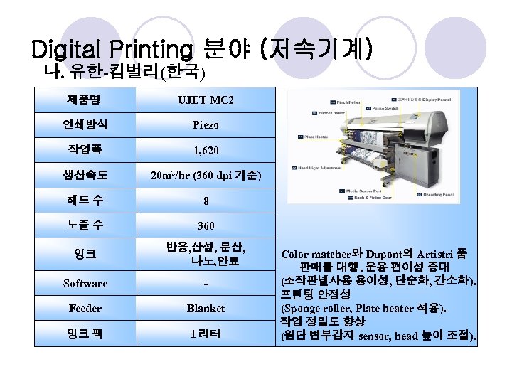 Digital Printing 분야 (저속기계) 나. 유한-킴벌리(한국) 제품명 UJET MC 2 인쇄방식 Piezo 작업폭 1,