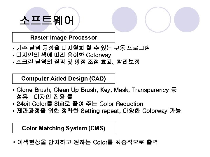 소프트웨어 Raster Image Processor • 기존 날염 공정을 디지털화 할 수 있는 구동 프로그램