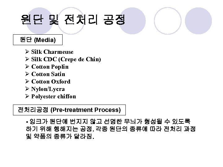 원단 및 전처리 공정 원단 (Media) Ø Silk Charmeuse Ø Silk CDC (Crepe de