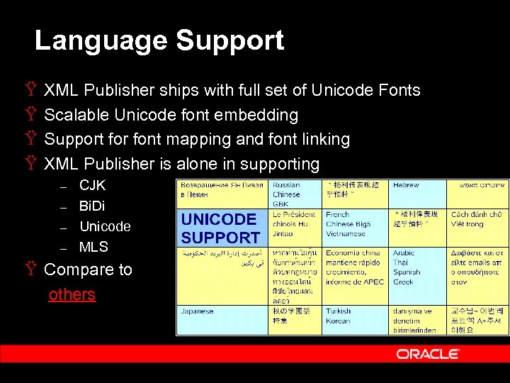 Language Support Ÿ Ÿ XML Publisher ships with full set of Unicode Fonts Scalable