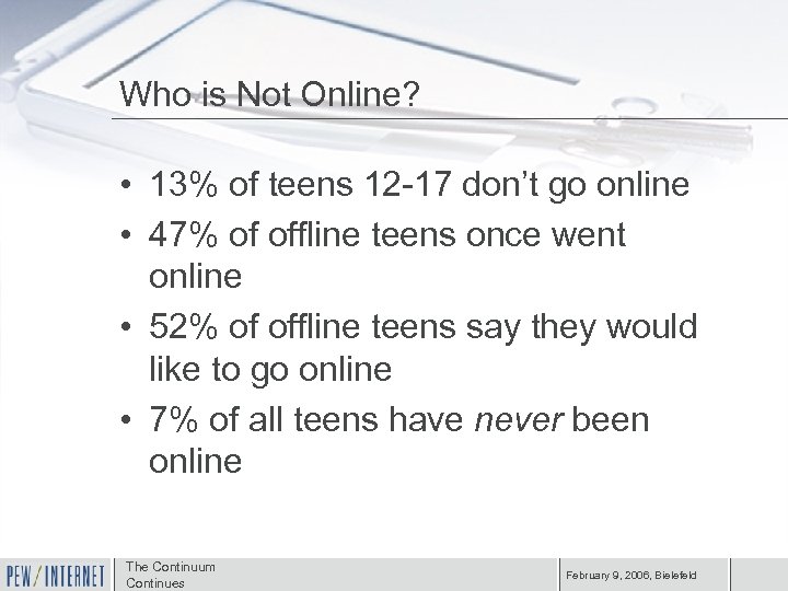 Who is Not Online? • 13% of teens 12 -17 don’t go online •