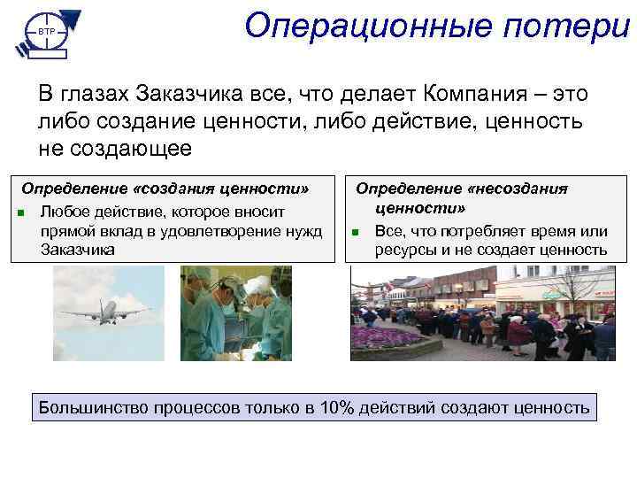 BTP Операционные потери В глазах Заказчика все, что делает Компания – это либо создание