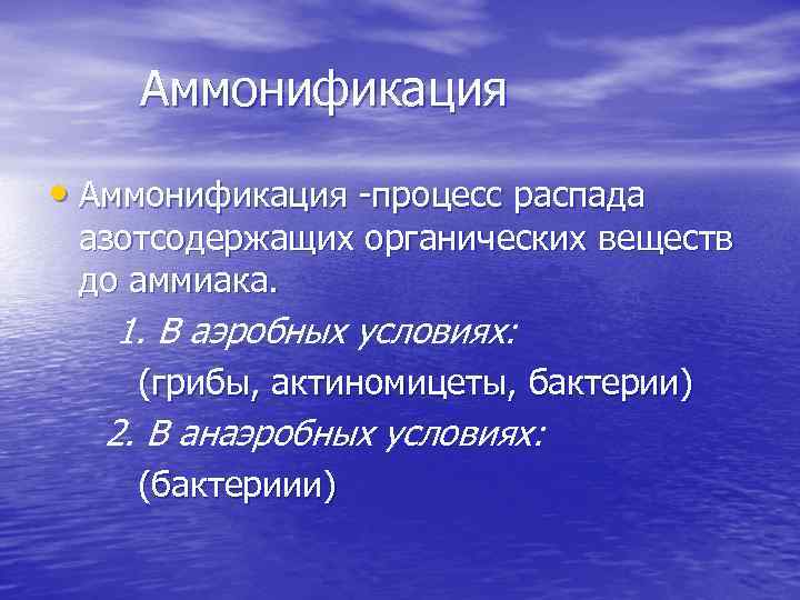 Аммонификация • Аммонификация -процесс распада азотсодержащих органических веществ до аммиака. 1. В аэробных условиях: