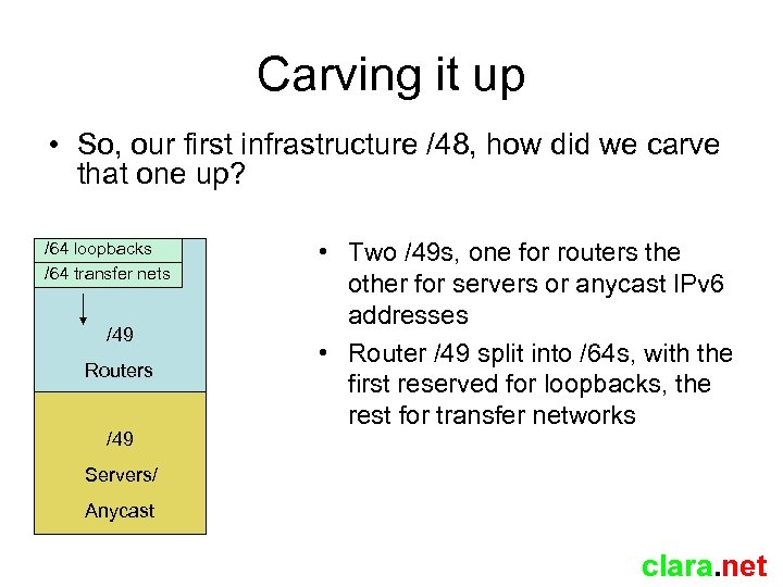 Carving it up • So, our first infrastructure /48, how did we carve that