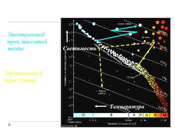 Диаграмма Герцшпрунга-Рассела Эволюционный трек массивной звезды Светимость Эволюционный трек Солнца Температура 