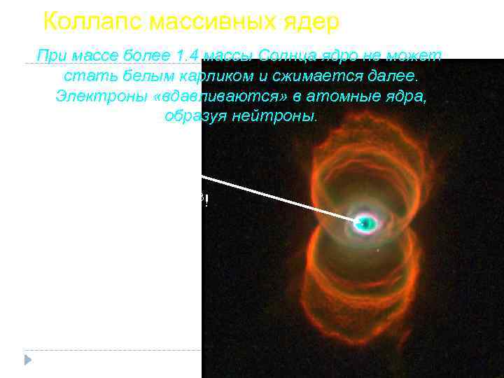 Коллапс массивных ядер При массе более 1. 4 массы Солнца ядро не может стать