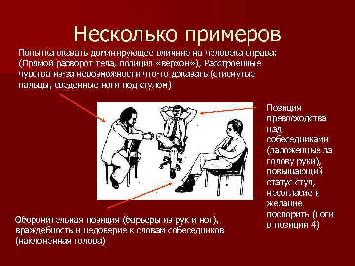 Несколько примеров Попытка оказать доминирующее влияние на человека справа: (Прямой разворот тела, позиция «верхом»