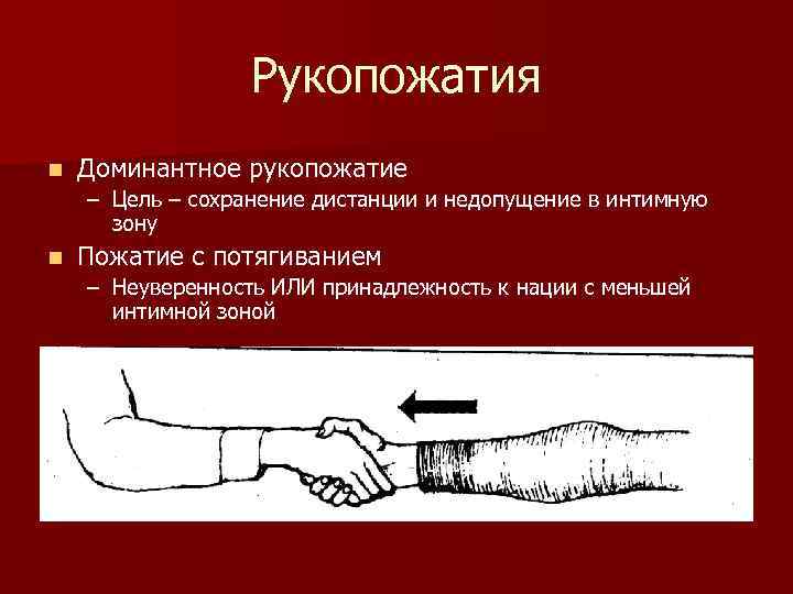 Рукопожатия n Доминантное рукопожатие – Цель – сохранение дистанции и недопущение в интимную зону