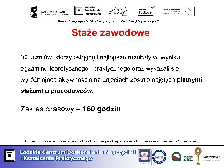 „Integracja przemysłu i edukacji – szansą dla absolwentów szkół zawodowych” Staże zawodowe 30 uczniów,