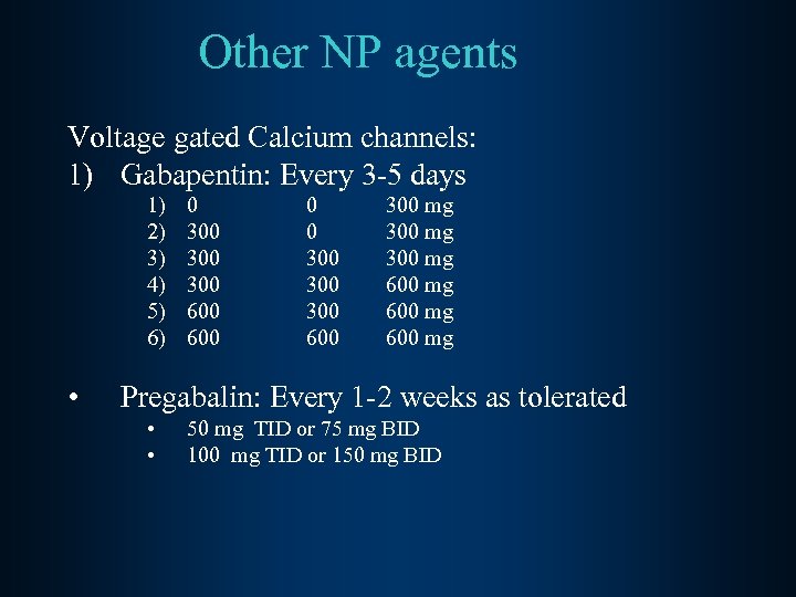 Other NP agents Voltage gated Calcium channels: 1) Gabapentin: Every 3 -5 days 1)