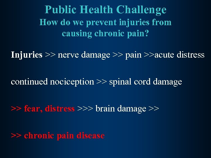 Public Health Challenge How do we prevent injuries from causing chronic pain? Injuries >>