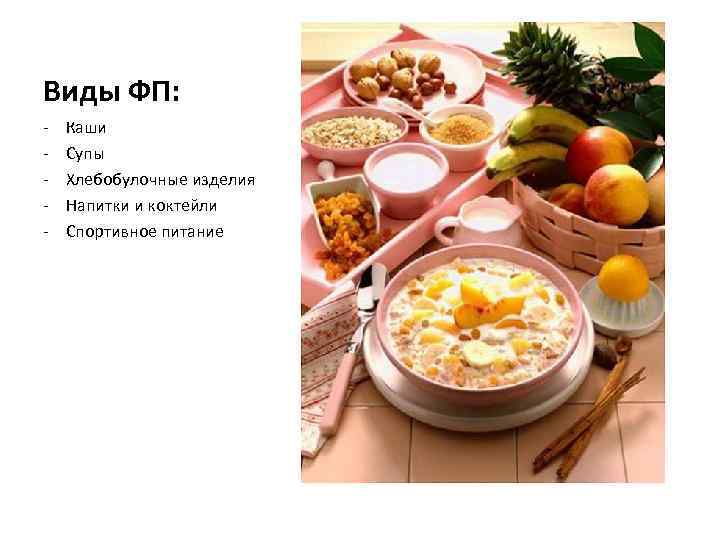 Виды ФП: - Каши Супы Хлебобулочные изделия Напитки и коктейли Спортивное питание 