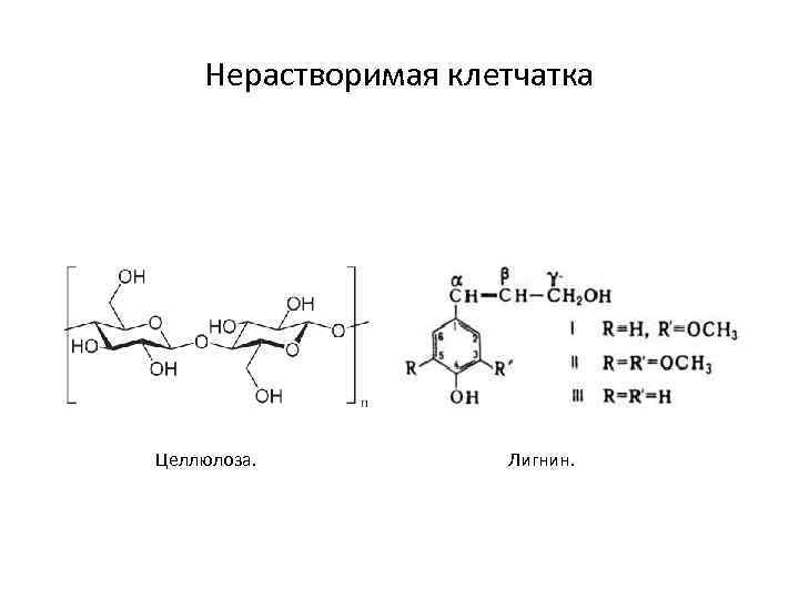 Нерастворимая клетчатка Целлюлоза. Лигнин. 
