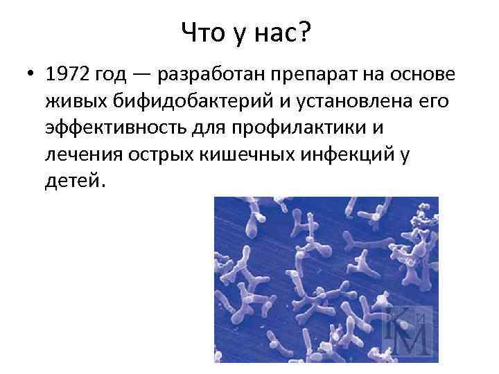 Что у нас? • 1972 год — разработан препарат на основе живых бифидобактерий и