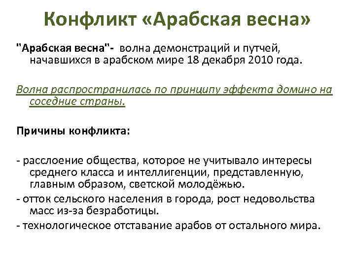 Конфликт «Арабская весна» "Арабская весна"- волна демонстраций и путчей, начавшихся в арабском мире 18
