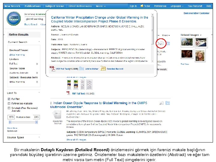 Bir makalenin Detaylı Kaydının (Detailed Record) önizlemesini görmek için farenizi makale başlığının yanındaki büyüteç