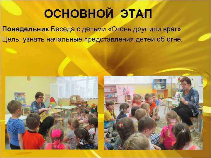 ОСНОВНОЙ ЭТАП Понедельник Беседа с детьми «Огонь друг или враг» Цель: узнать начальные представления