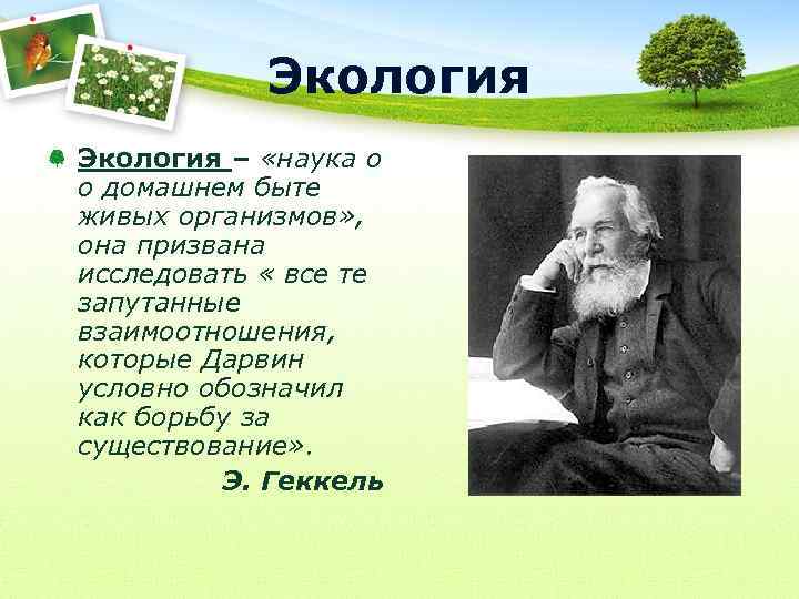 Экология – «наука о о домашнем быте живых организмов» , она призвана исследовать «