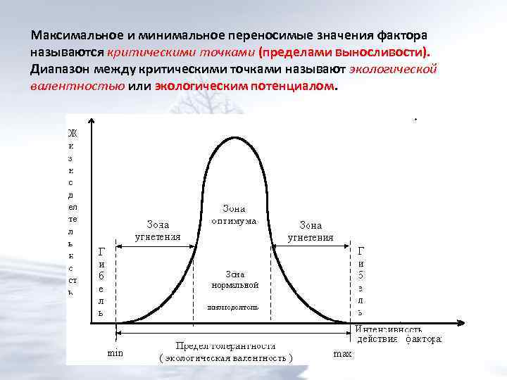 Максимальное и минимальное переносимые значения фактора называются критическими точками (пределами выносливости). Диапазон между критическими