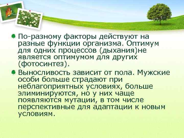 По-разному факторы действуют на разные функции организма. Оптимум для одних процессов (дыхания)не является оптимумом
