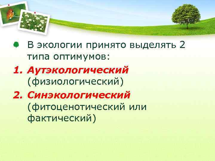 В экологии принято выделять 2 типа оптимумов: 1. Аутэкологический (физиологический) 2. Синэкологический (фитоценотический или
