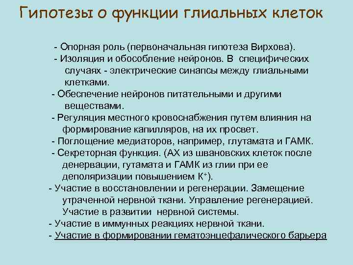 Гипотезы о функции глиальных клеток - Опорная роль (первоначальная гипотеза Вирхова). - Изоляция и