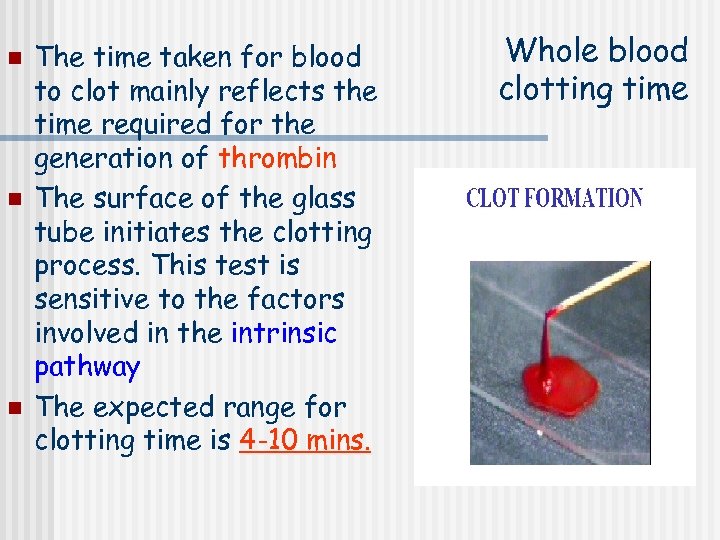 n n n The time taken for blood to clot mainly reflects the time