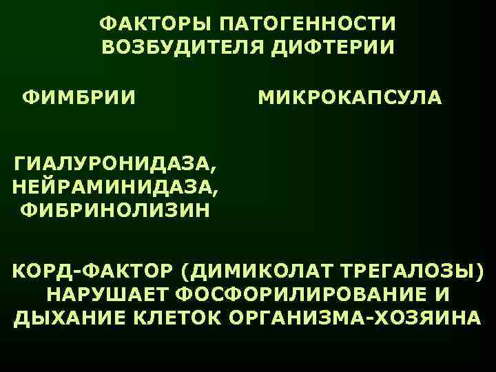 ФАКТОРЫ ПАТОГЕННОСТИ ВОЗБУДИТЕЛЯ ДИФТЕРИИ ФИМБРИИ МИКРОКАПСУЛА ГИАЛУРОНИДАЗА, НЕЙРАМИНИДАЗА, ФИБРИНОЛИЗИН КОРД-ФАКТОР (ДИМИКОЛАТ ТРЕГАЛОЗЫ) НАРУШАЕТ ФОСФОРИЛИРОВАНИЕ