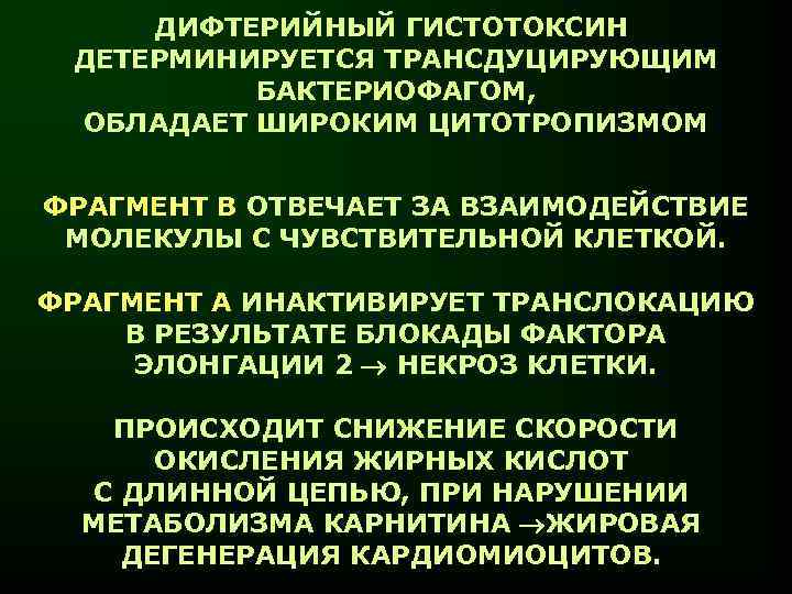 ДИФТЕРИЙНЫЙ ГИСТОТОКСИН ДЕТЕРМИНИРУЕТСЯ ТРАНСДУЦИРУЮЩИМ БАКТЕРИОФАГОМ, ОБЛАДАЕТ ШИРОКИМ ЦИТОТРОПИЗМОМ ФРАГМЕНТ В ОТВЕЧАЕТ ЗА ВЗАИМОДЕЙСТВИЕ МОЛЕКУЛЫ
