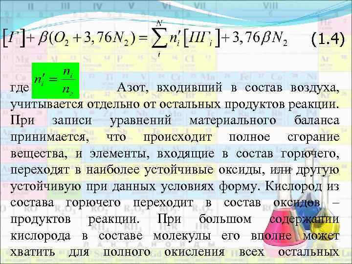 (1. 4) где Азот, входивший в состав воздуха, учитывается отдельно от остальных продуктов реакции.