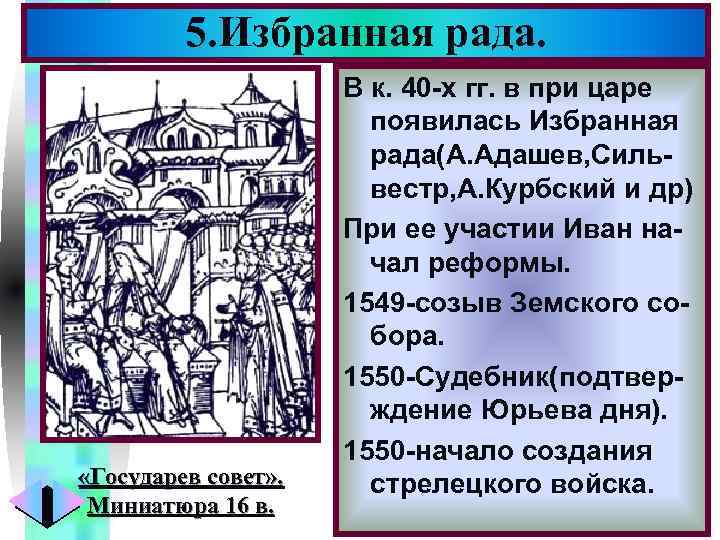 5. Избранная рада. «Государев совет» . Миниатюра 16 в. Меню В к. 40 -х